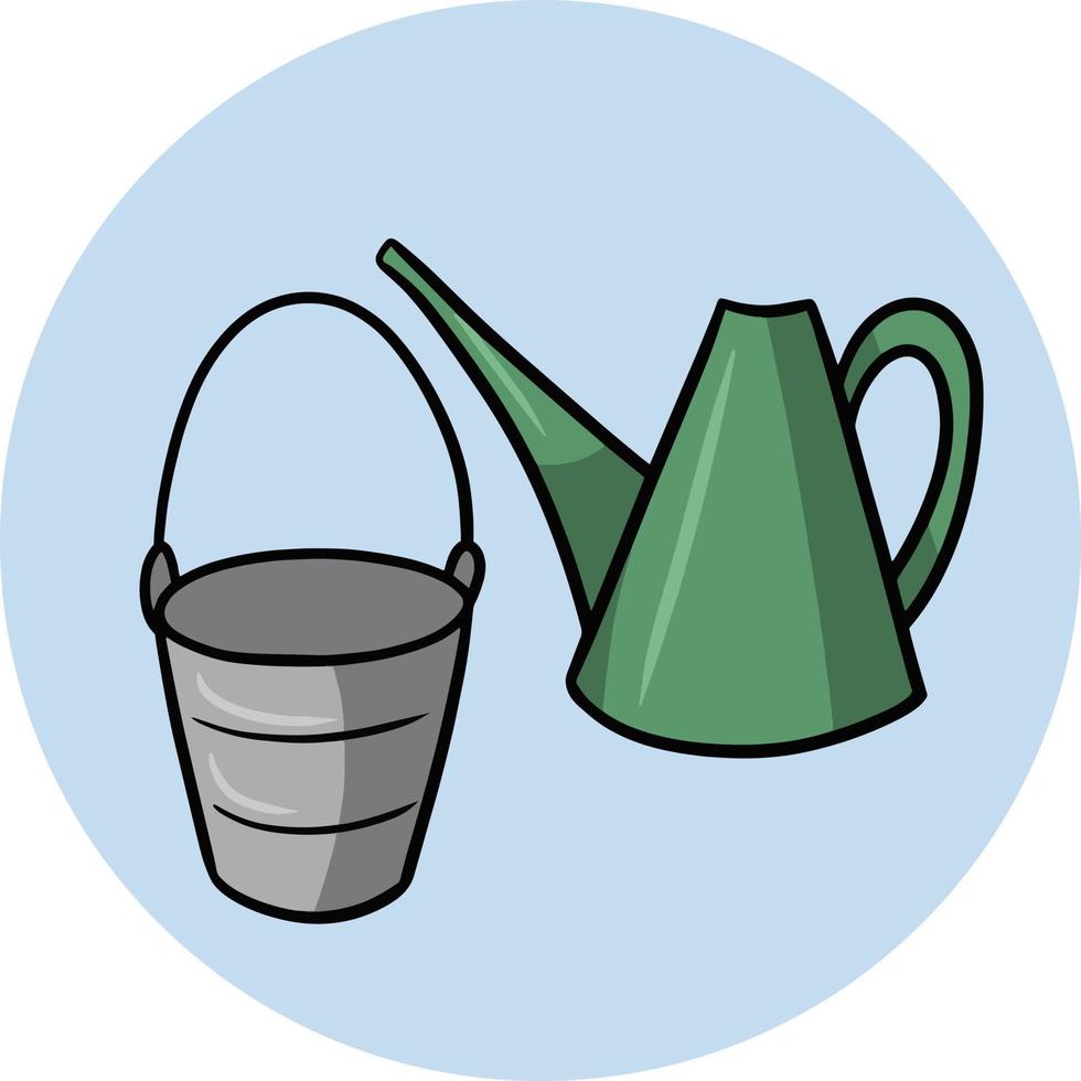 Green cartoon watering can for watering plants and metal bucket, housework and gardening. Vector illustration on a round light background