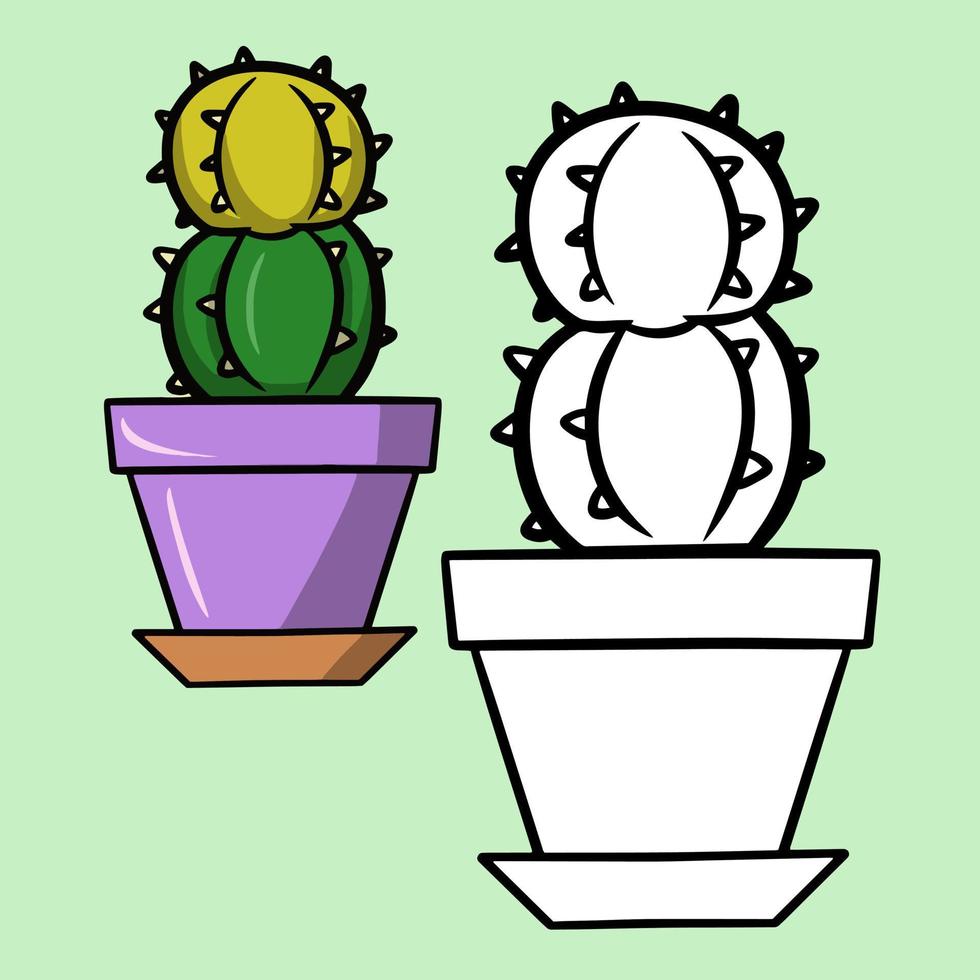 A set of color and monochrome images, a sketch for a coloring book. Round green-yellow prickly cactus in a purple ceramic pot, cartoon vector illustration on a light background