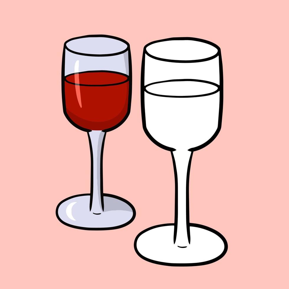 A set of color images with a sketch image. A set of glass wine glasses for wine, champagne on a high leg. Vector illustration, cartoon style