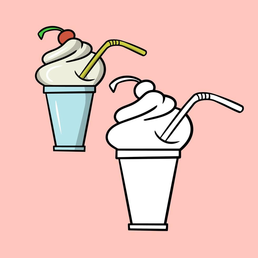 A set for a coloring book. Delicious milkshake with cherries, cold ice cream in a cup, cartoon vector illustration on pink background