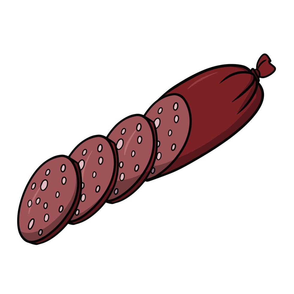 Delicious pink piece of smoked sausage with bacon slices, vector cartoon illustration on white background