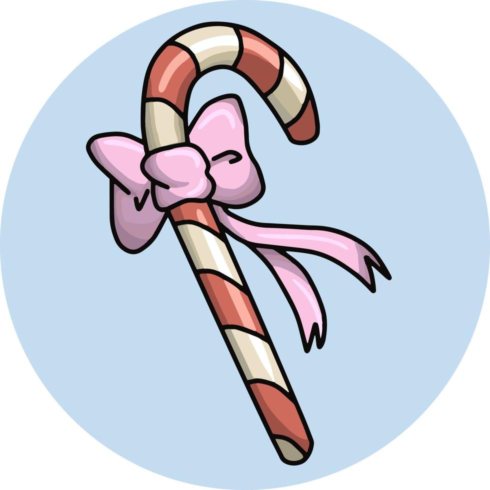 Delicious festive sweet candy with a pink bow, candy cane, vector cartoon illustration on a round blue background