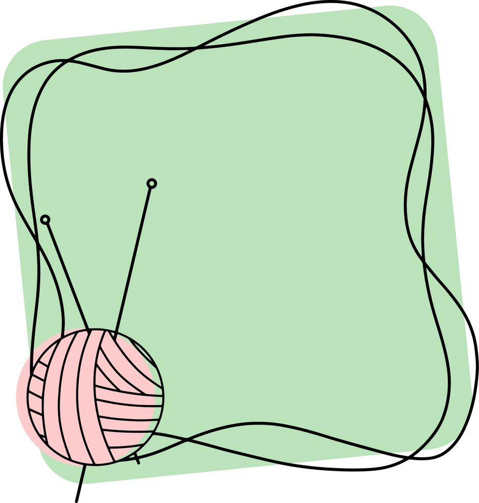 marco verde claro cuadrado con un espacio vacío para la inserción, para la costura, tejiendo con una bola y agujas de tejer, icono del emblema vector