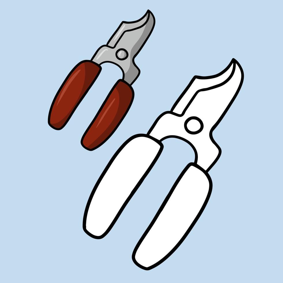 A set of pictures, a coloring book. Pruner with red handles, garden tool for pruning plants, vector illustration on a blue background