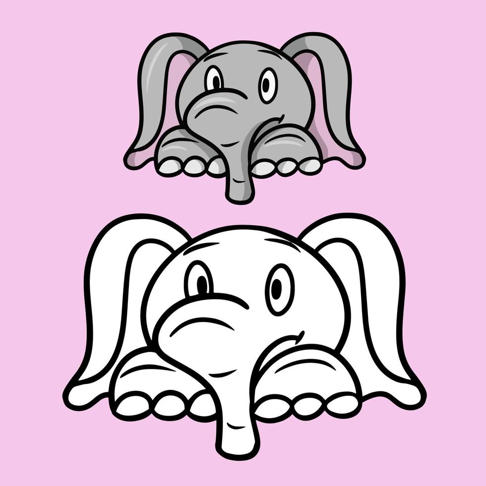un conjunto de ilustraciones monocromáticas y en color para libros de colorear. pequeño elefante lindo sorprendido, emociones de elefante de dibujos animados, ilustración vectorial sobre fondo rosa vector