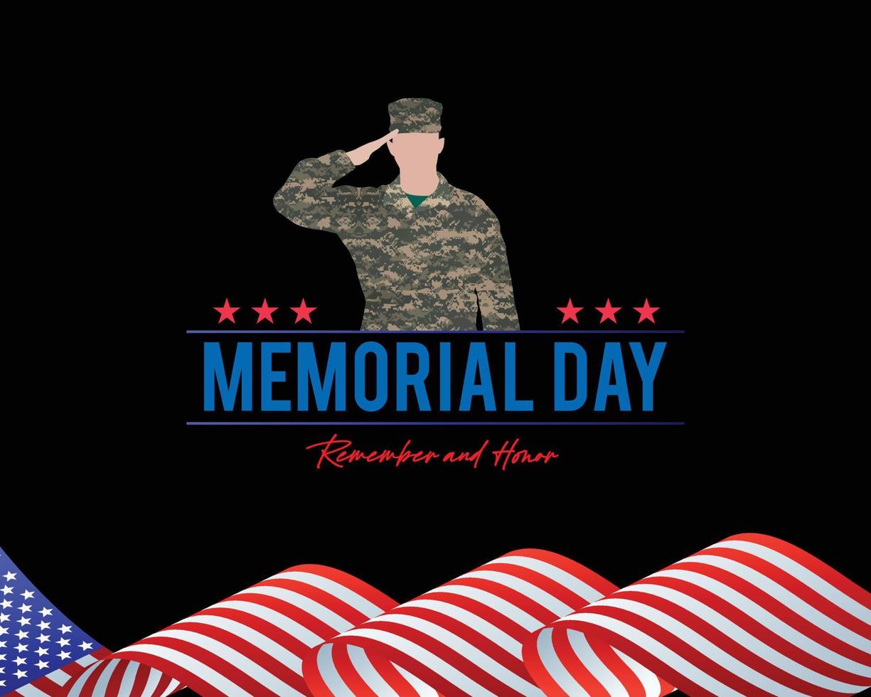 Memorial Day - Remember and Honor Poster. USA memorial day celebration. American national holiday. Salute and honor with text, Waving us flag on white background. Vector Illustration