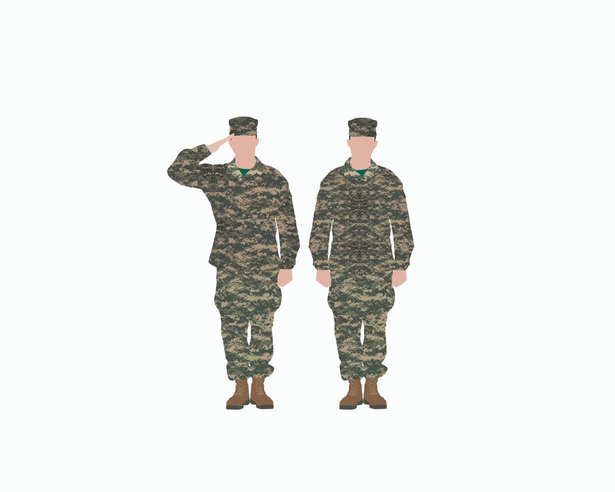 soldados varones carácter vectorial de las fuerzas nacionales y el concepto del ejército militar, uno de pie otro saludando recordar y honrar, ilustración vectorial eps. vector