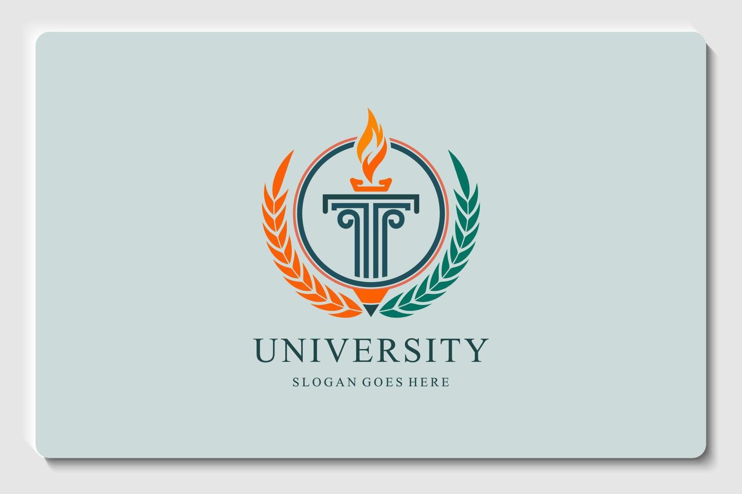 emblem education logo. pillar with fire isolated circle and branch leaf vector