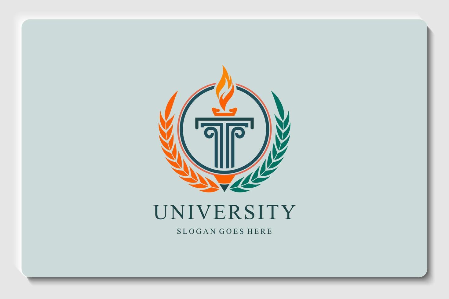 emblem education logo. pillar with fire isolated circle and branch leaf vector