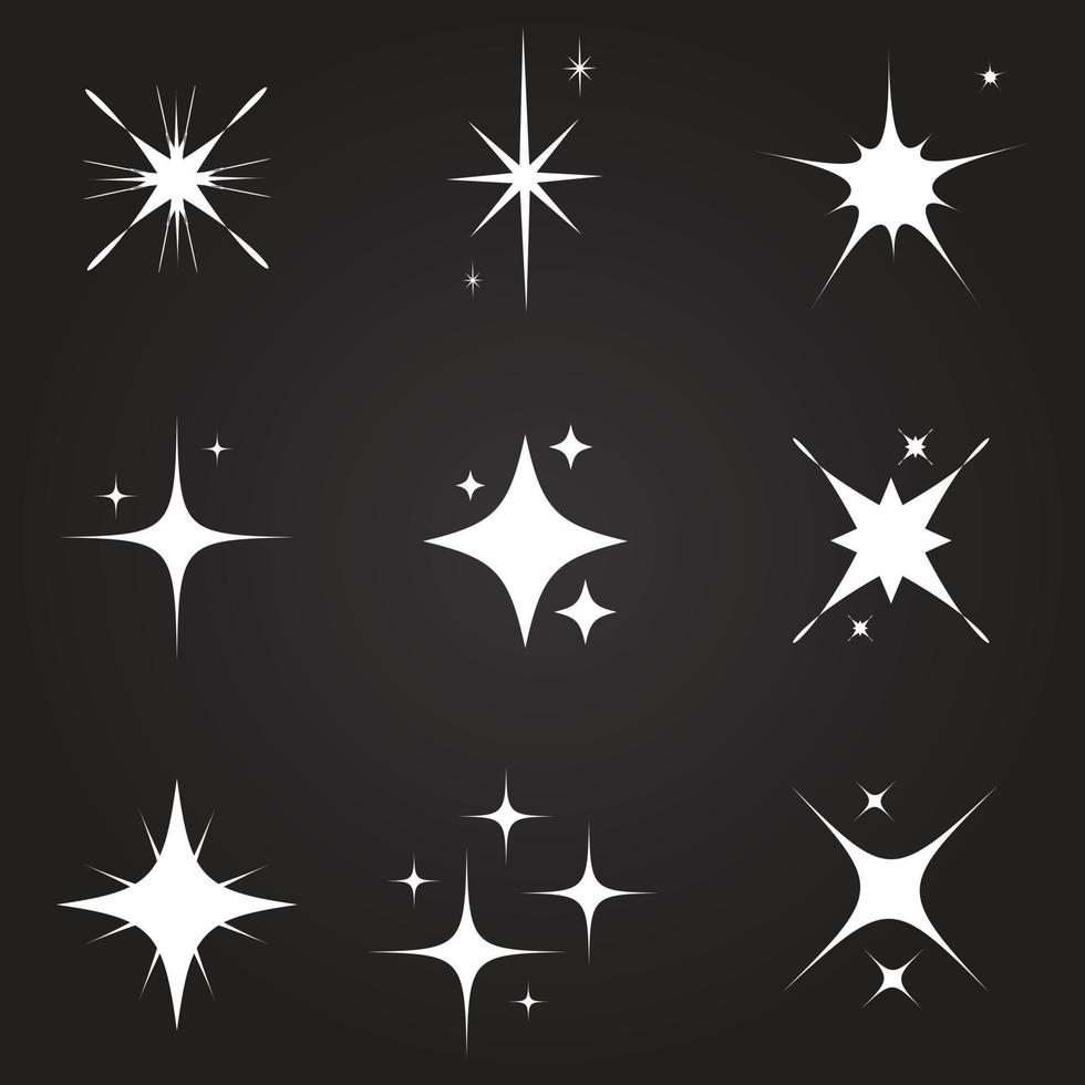 vector de símbolos blancos brillantes y centelleantes. el conjunto de estrellas vectoriales originales brillan icono. colección de vectores de iconos de estrellas brillantes.