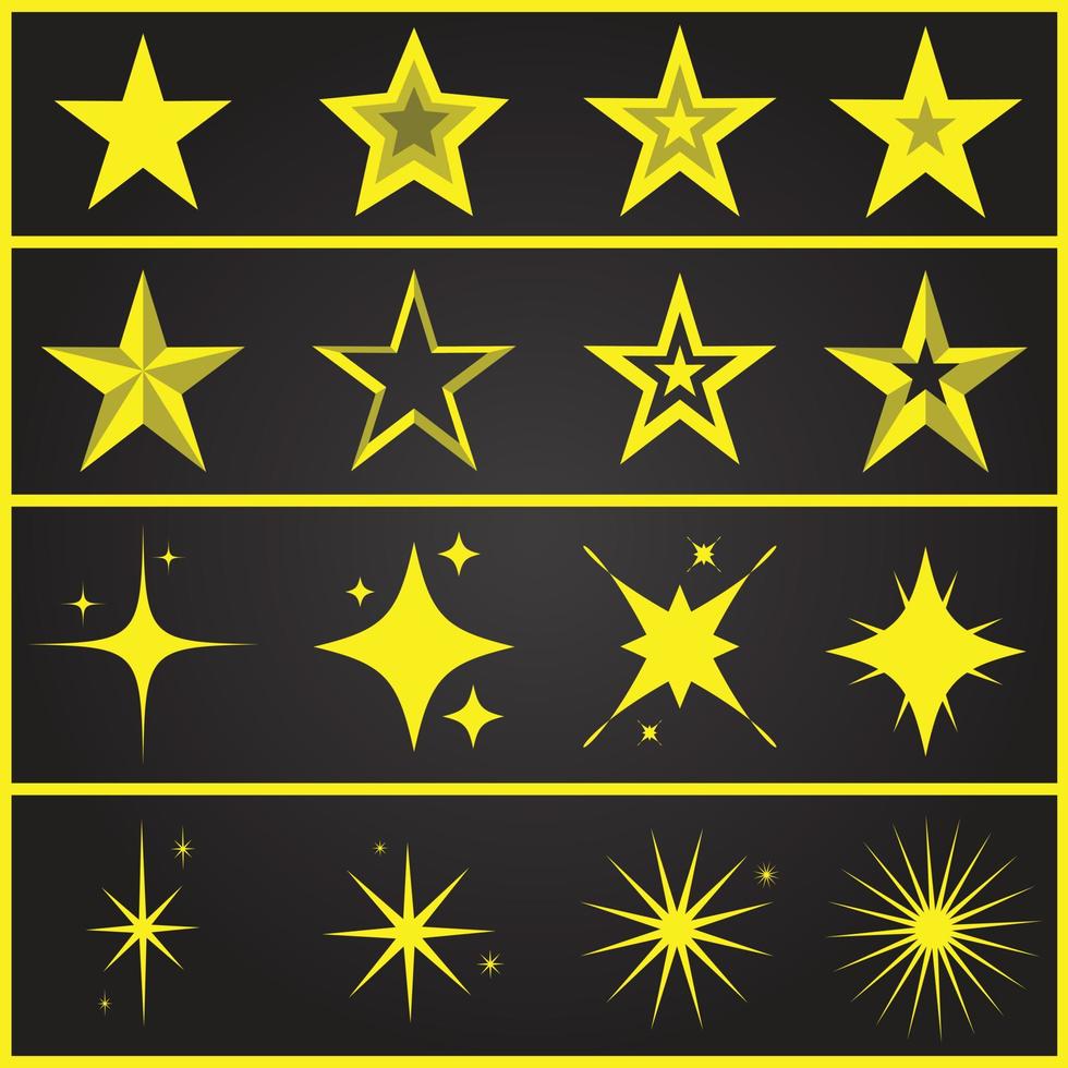 vector de símbolos brillantes y centelleantes de oro amarillo. el conjunto de estrellas vectoriales originales brillan icono. colección de vectores de iconos de estrellas brillantes.