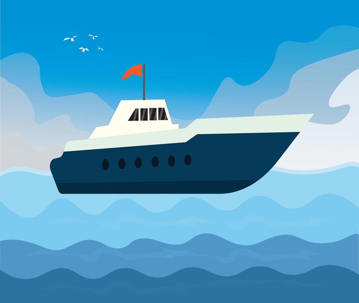 Ocean surface wavy middle sea with big yacht summer cartoon abstract background vector art.