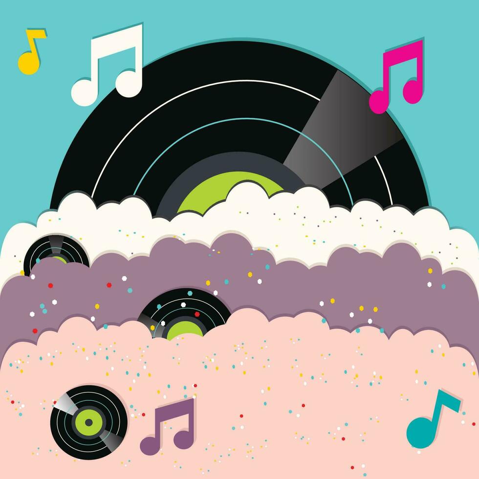 disco de vinilo con notas musicales en la nube vector