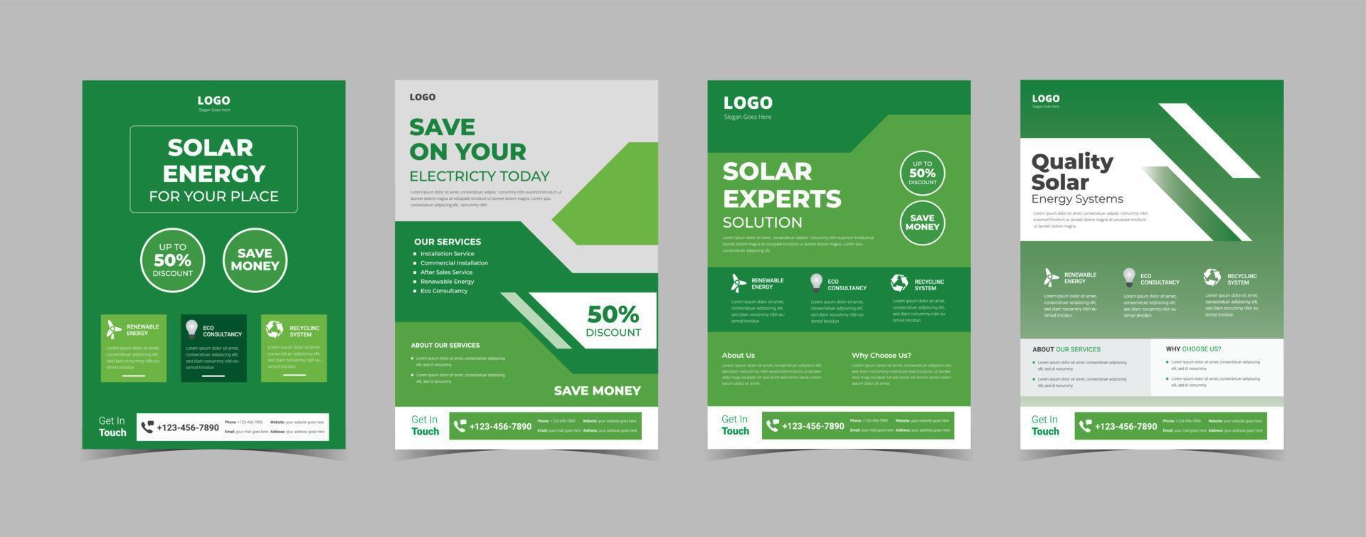 Wind and Solar energy poster design template, Solar Energy flyer templates, solar experts solutions flyer, Solar energy flyer design template bundle. Go green save energy poster leaflet design vector