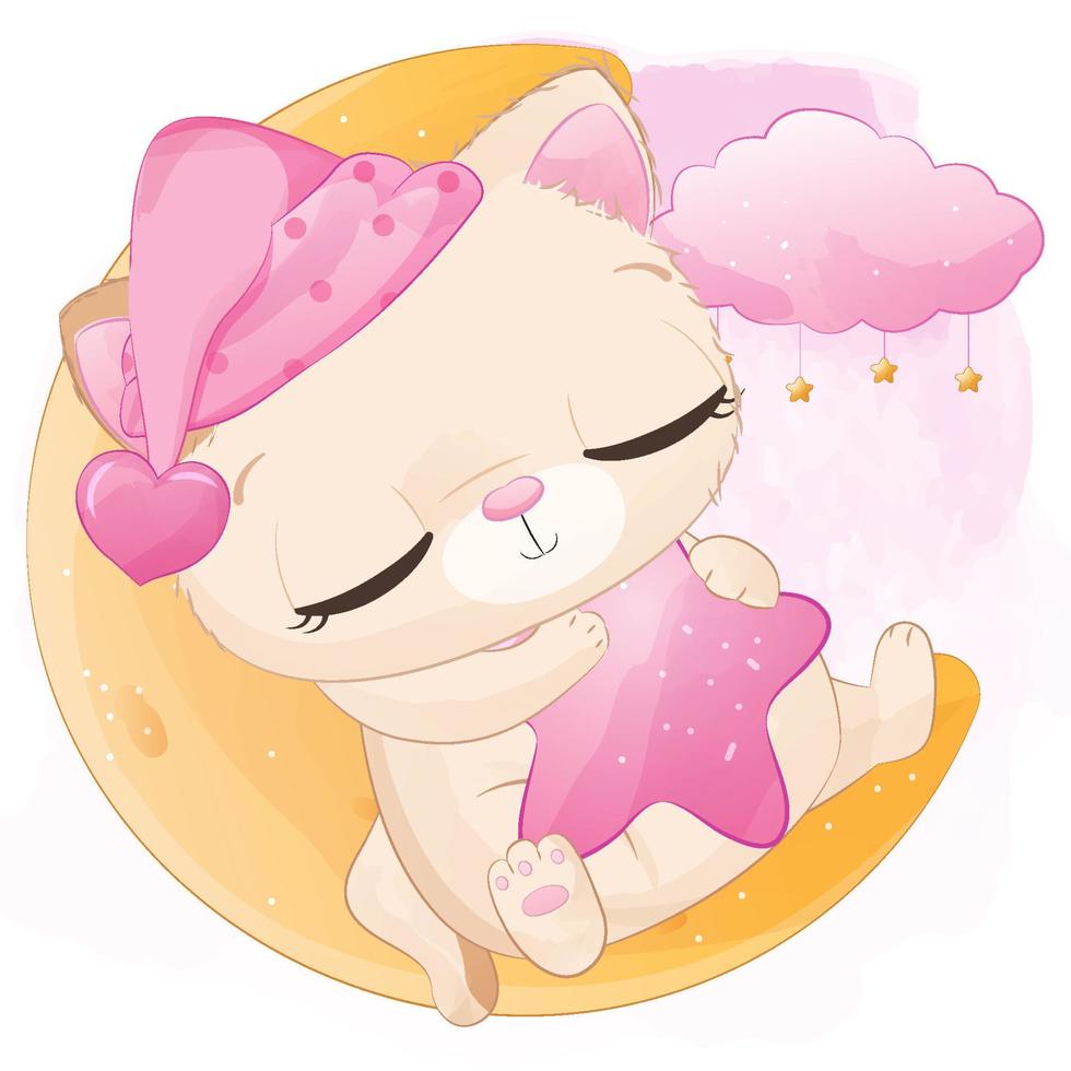 Cute sleeping kitten illustration for baby girl vector