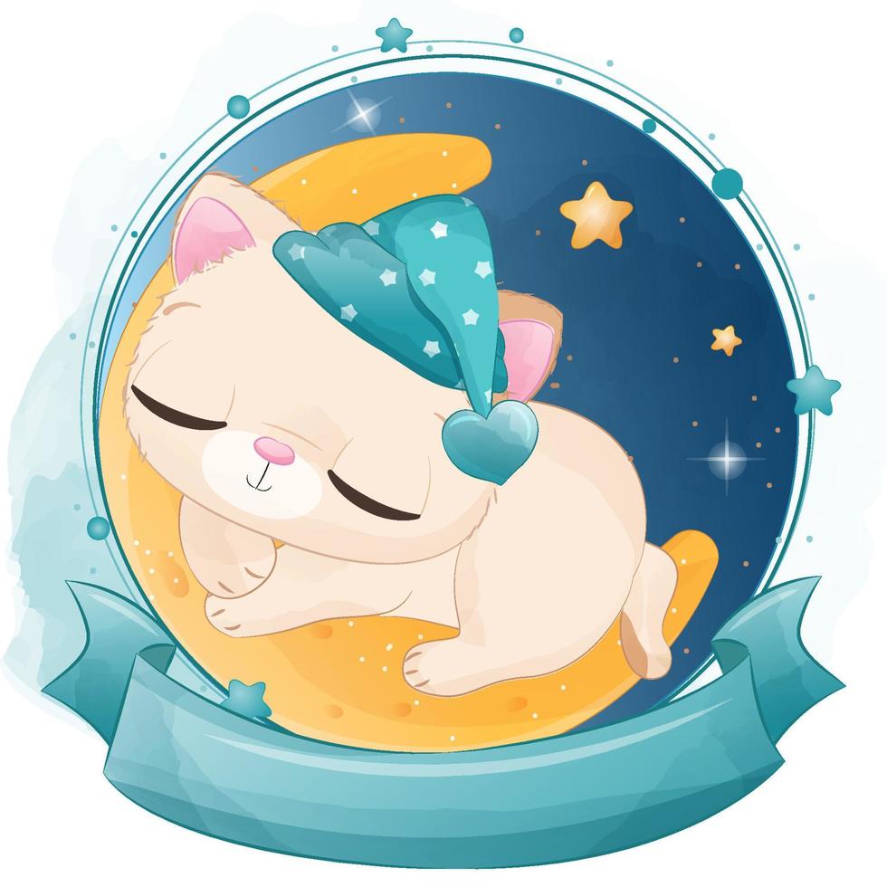 Cute sleeping kitten illustration for baby boy vector