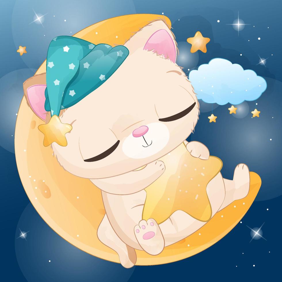 Cute sleeping kitten illustration for baby boy vector