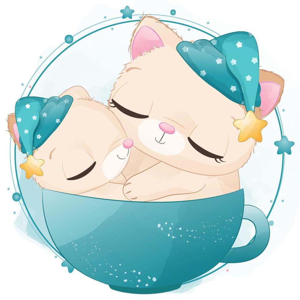 Cute sleeping kitten illustration for baby boy vector