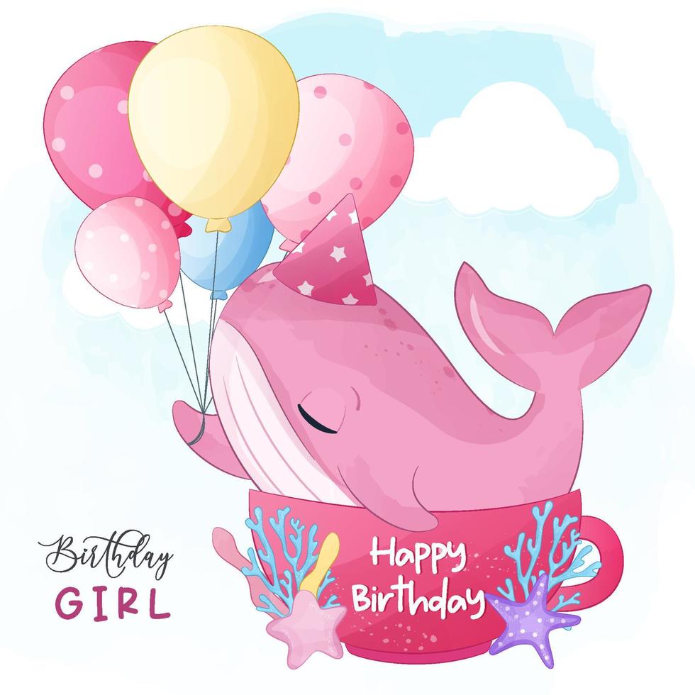 cumpleañera, linda pequeña ilustración de ballena vector