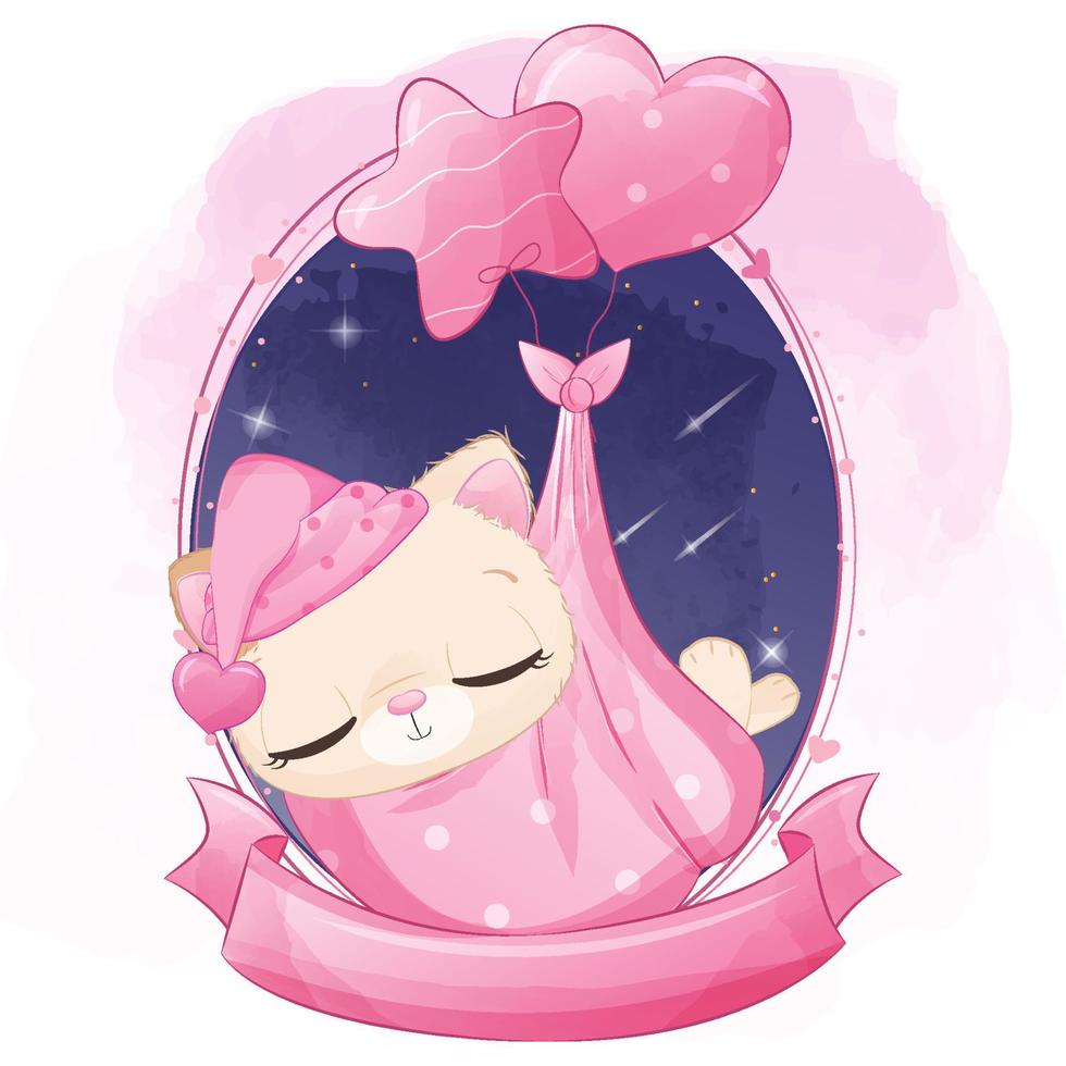 Cute sleeping kitten illustration for baby girl vector