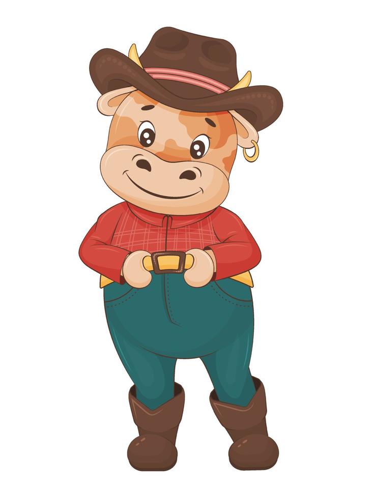 lindo granjero de terneros vaqueros. estilo de dibujos animados ilustración infantil. aislado en blanco ilustración vectorial vector