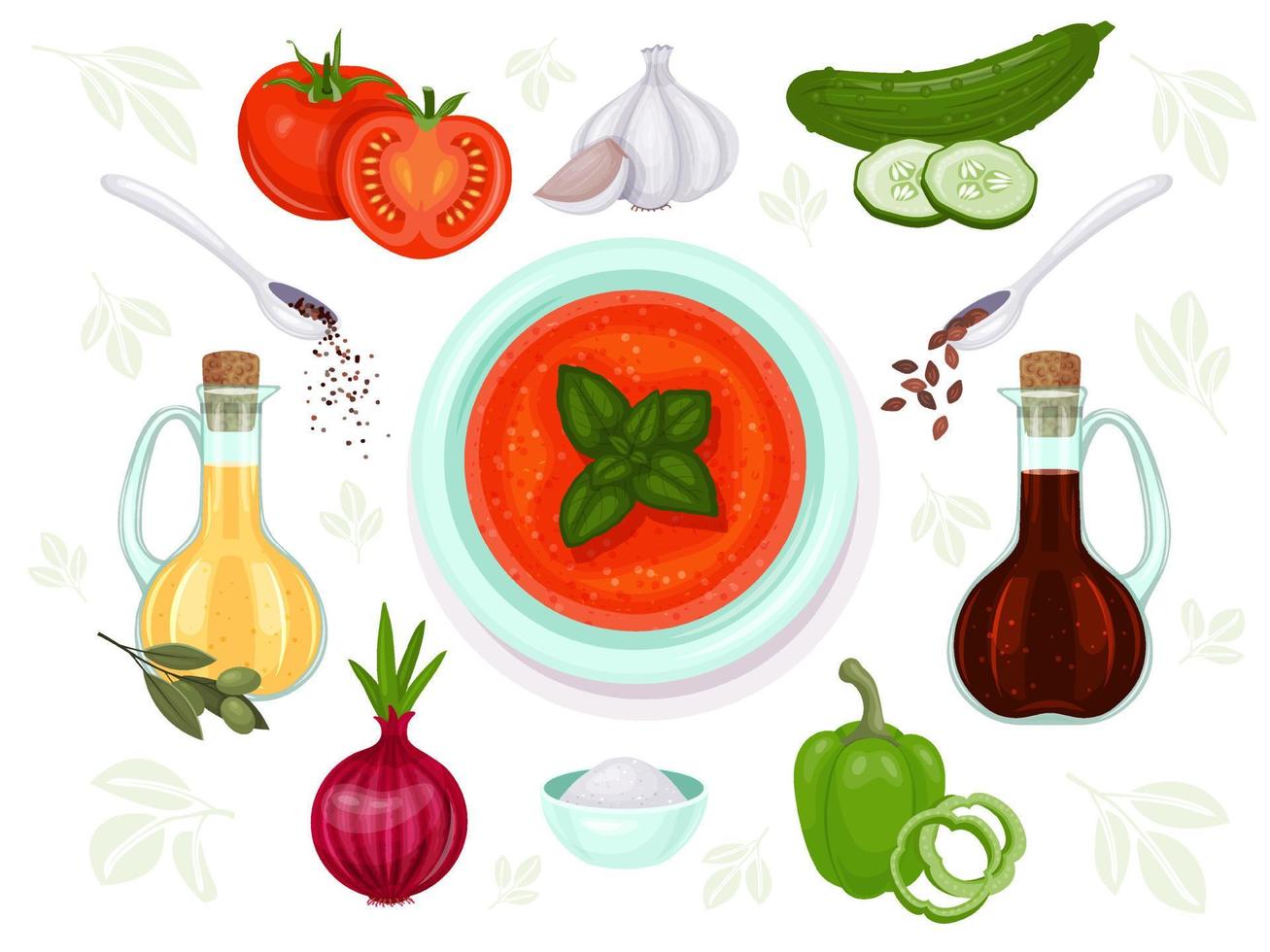 Gazpacho and set of ingredients for it. Vector food illustration. Isolated on white. Cartoon style.