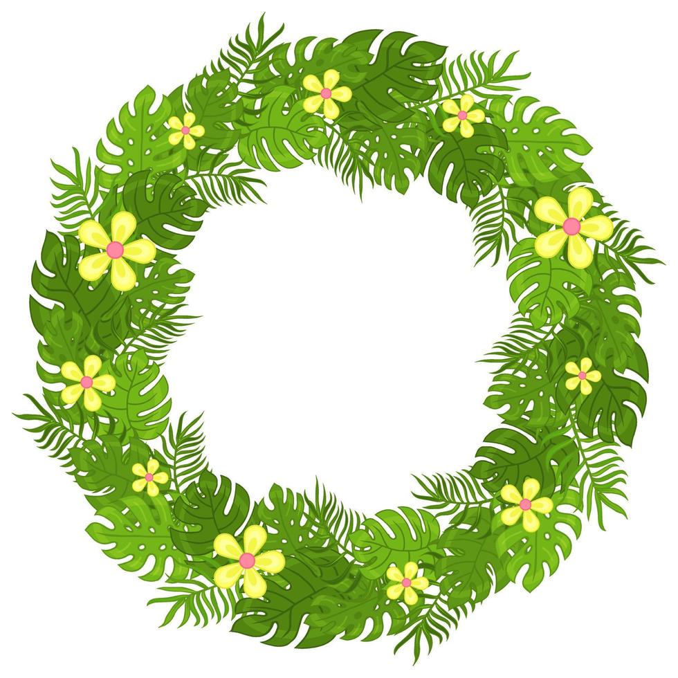 round frame with tropical leaves and flowers. Isolated on white. Cartoon style. Vector illustration