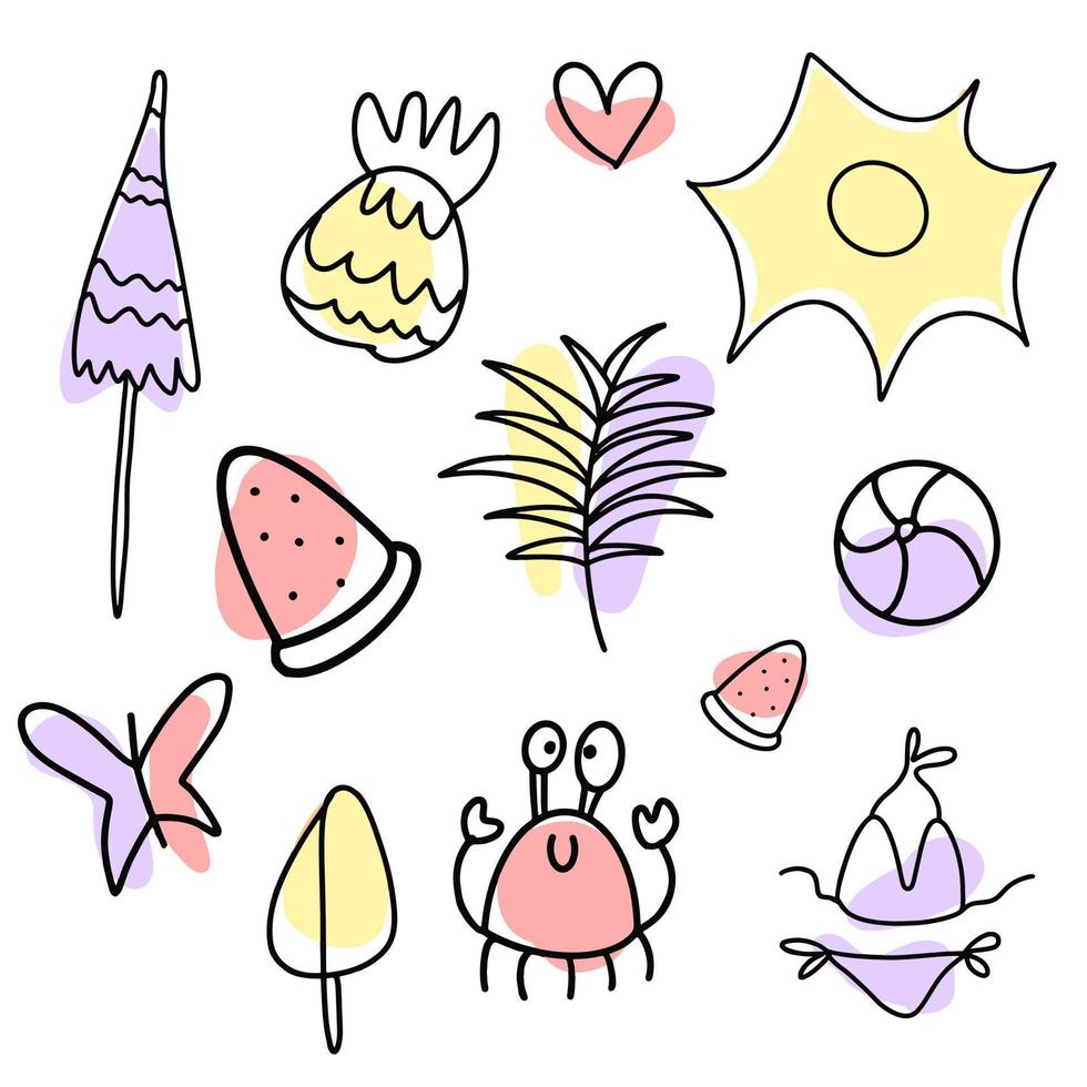 Vector Set of cute summer elements. Sun, palm tree, beach umbrella, calligraphy.