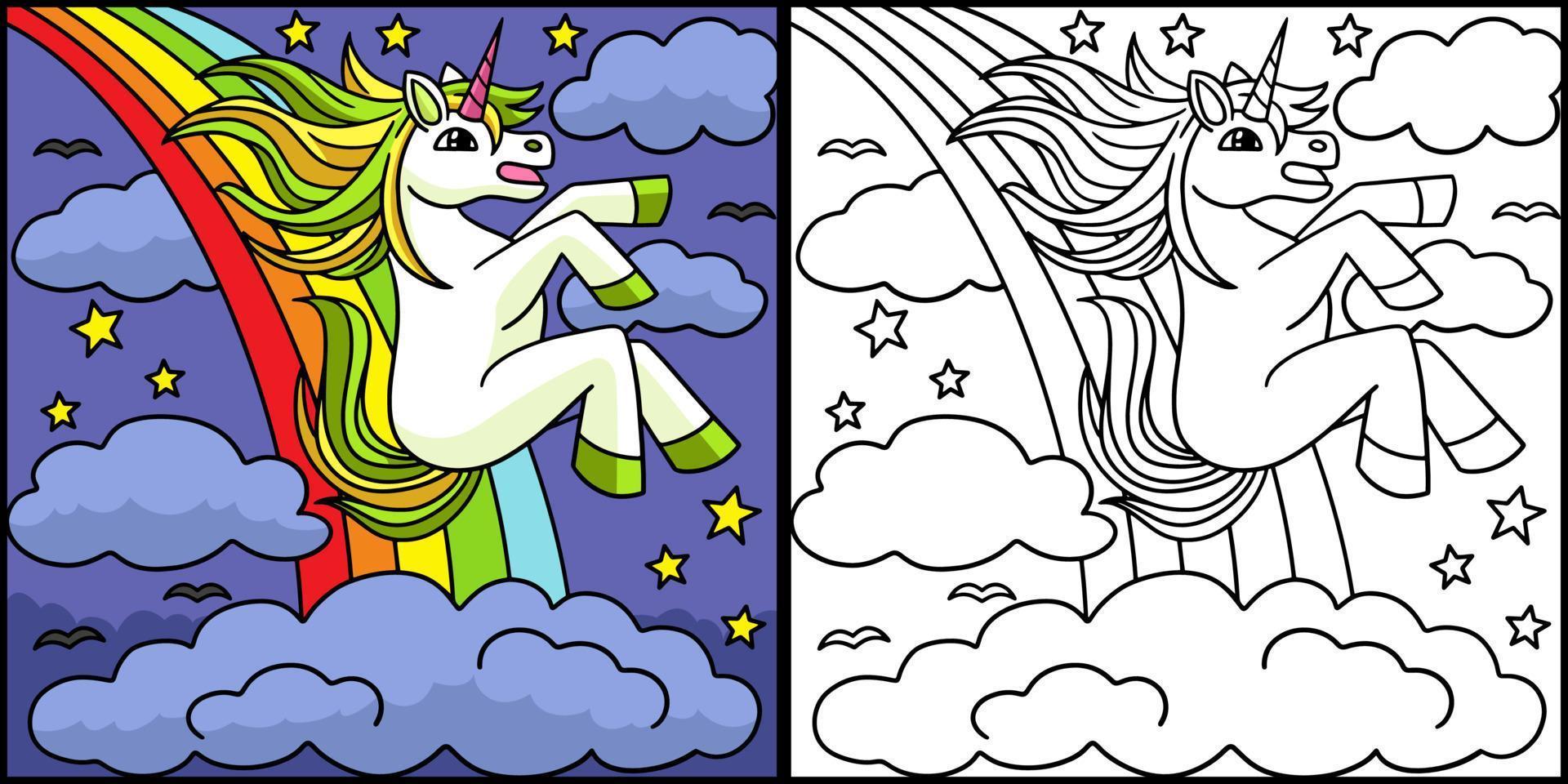 unicornio deslizándose sobre la ilustración del arco iris vector