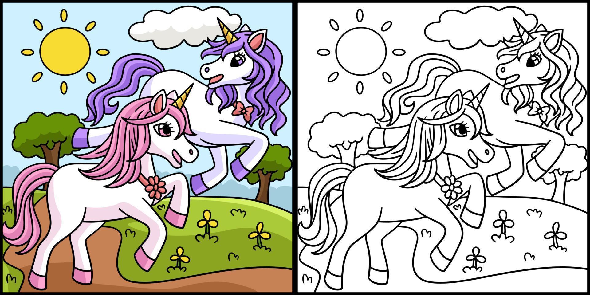 unicornio con un amigo para colorear ilustración de la página vector