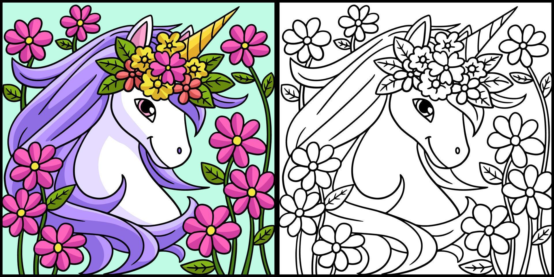 unicornio con una ilustración de corona de flores vector