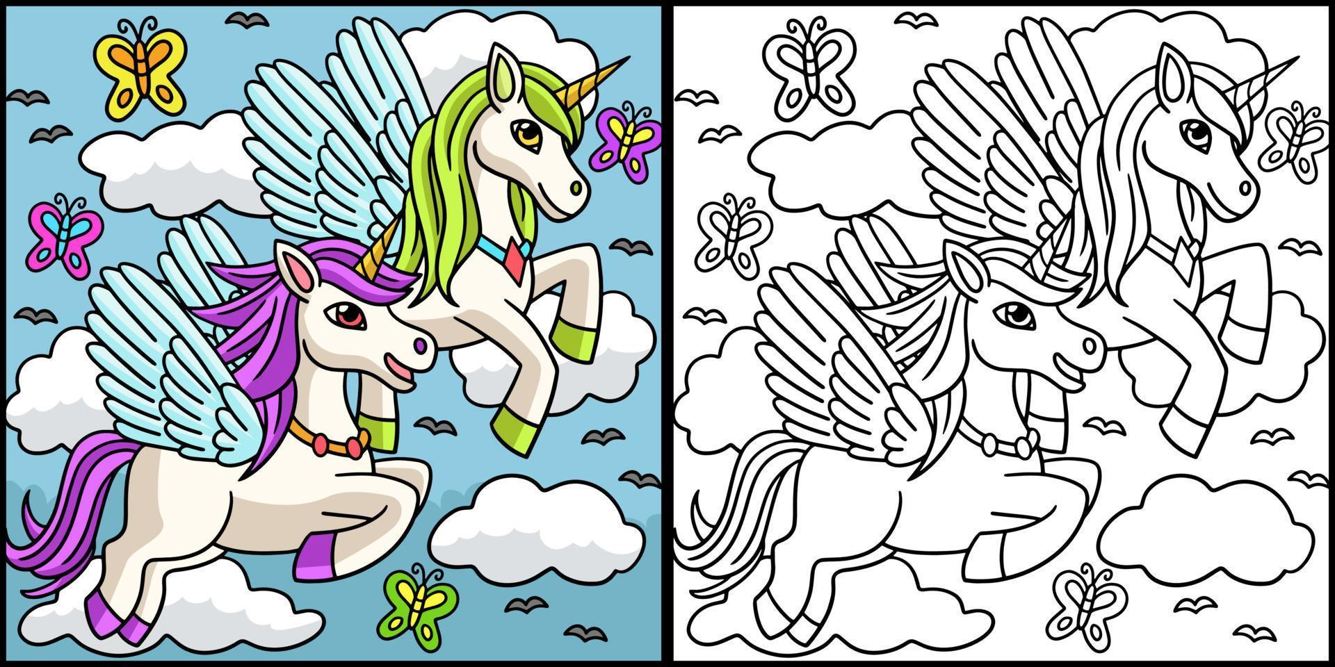 unicornios voladores para colorear página ilustración en color vector