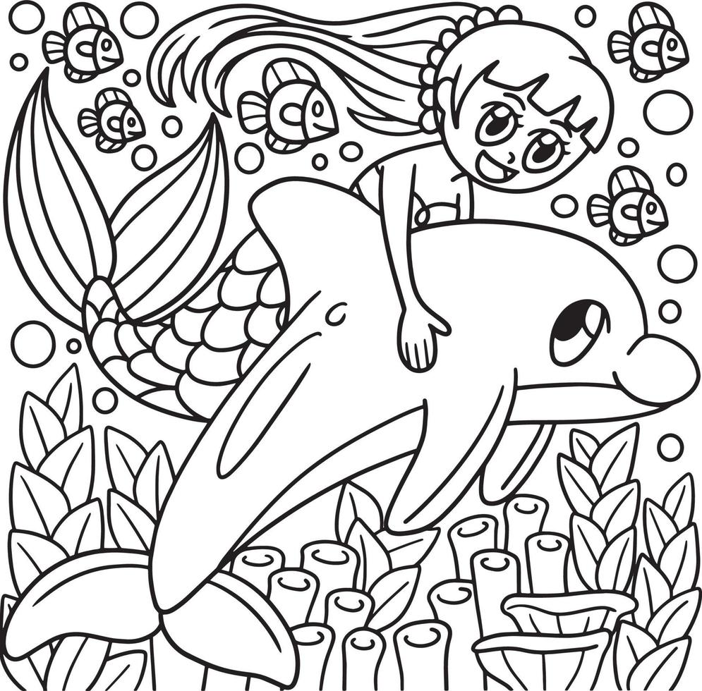 sirena cabalgando en un delfin para colorear para niños vector