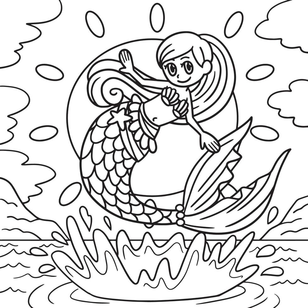 Jumping Mermaid Coloring Page for Kids vector