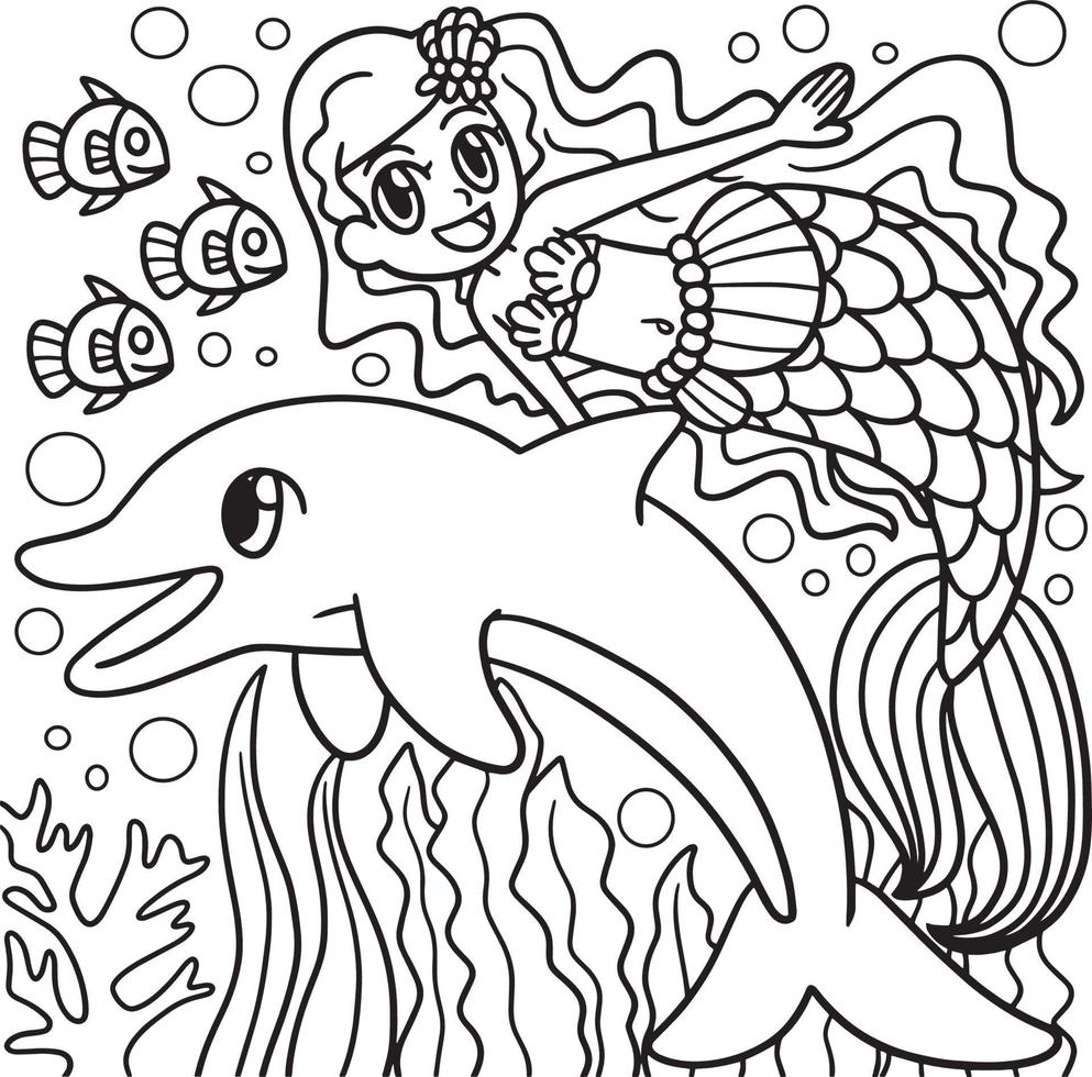 Swimming Mermaid And Dolphin Coloring Page vector