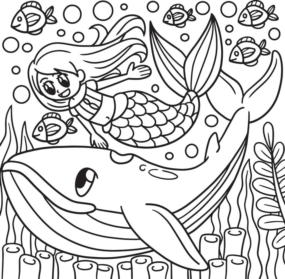 Mermaid With Whale Coloring Page for Kids vector