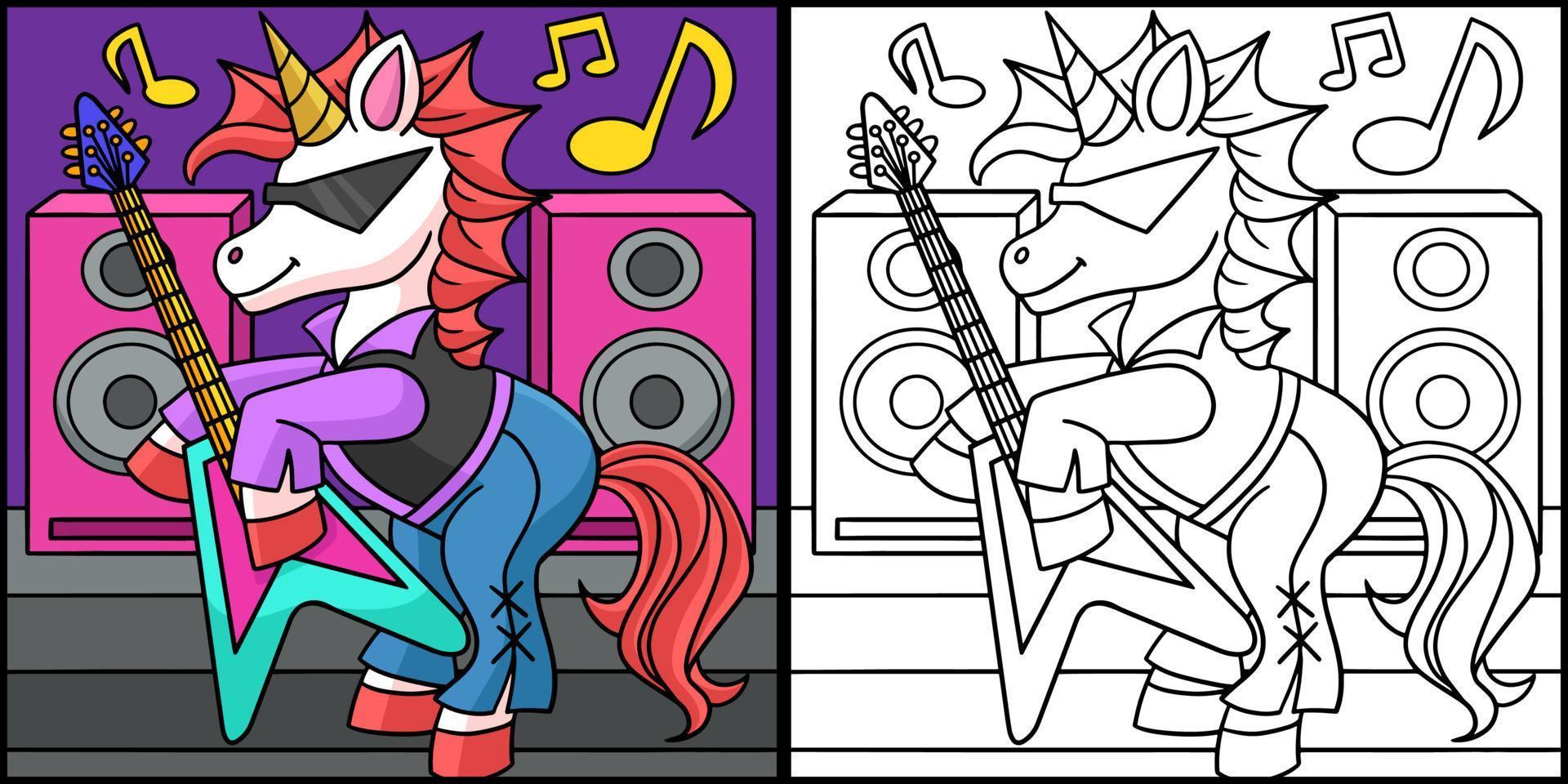 guitarrista unicornio para colorear página ilustración vector