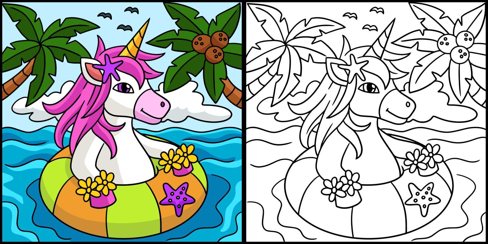 Unicorn In The Ocean Coloring Page Illustration vector