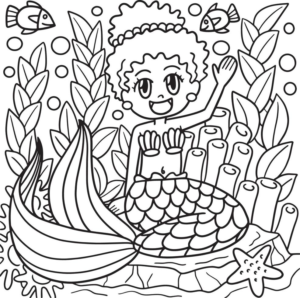 Afro American Mermaid Coloring Page for Kids vector