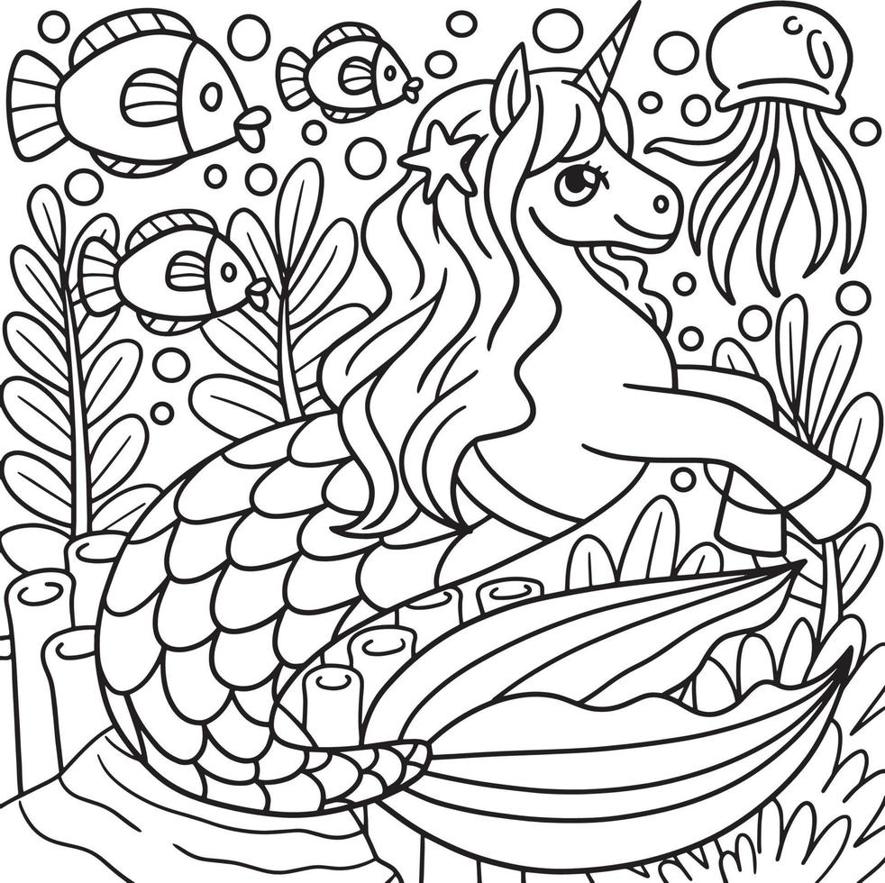 Mermaid Unicorn Coloring Page for Kids vector