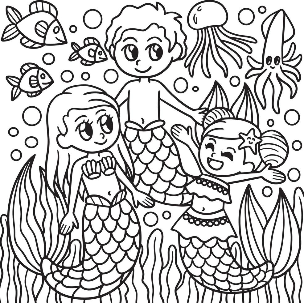 Mermaid Family Coloring Page for Kids vector