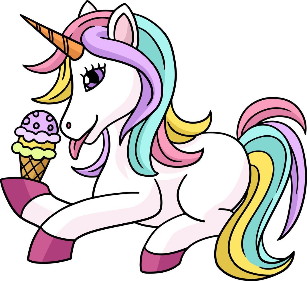 Unicorn Eating Ice Cream Cartoon Colored Clipart vector