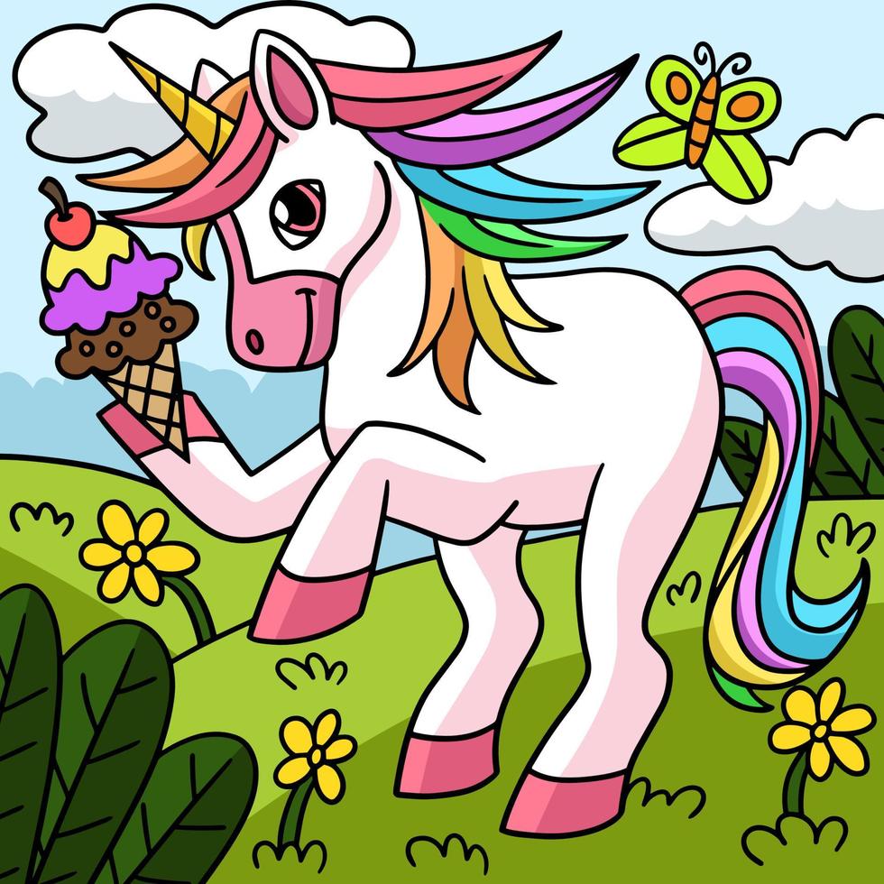 Unicorn Holding Ice Cream Colored Illustration vector