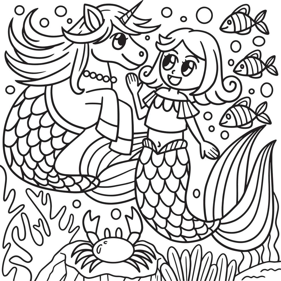 Mermaid With Unicorn Coloring Page for Kids vector