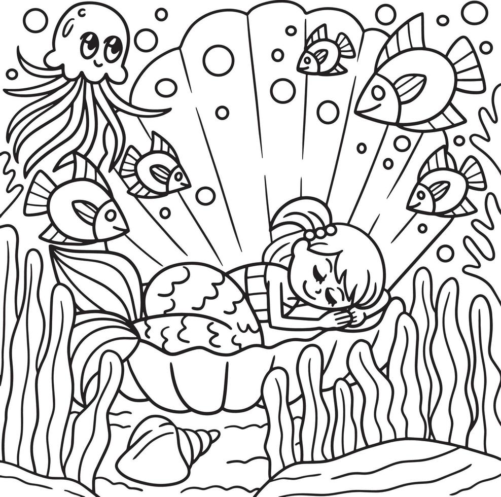 Sleeping Mermaid In A Shell Coloring Page for Kids vector