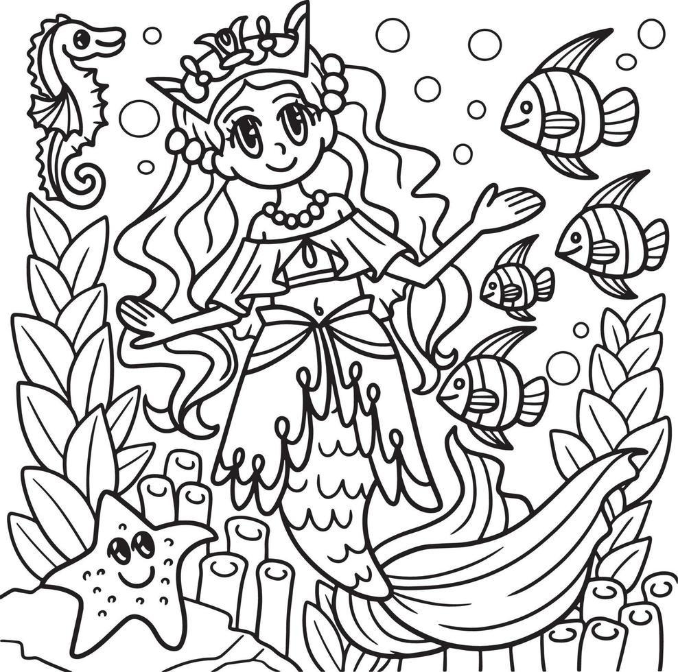 Mermaid Princess Coloring Page for Kids vector