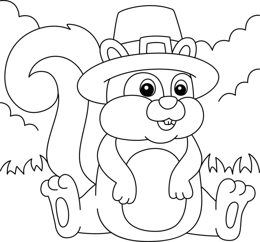 Thanksgiving Squirrel Pilgrim Hat Coloring Page vector