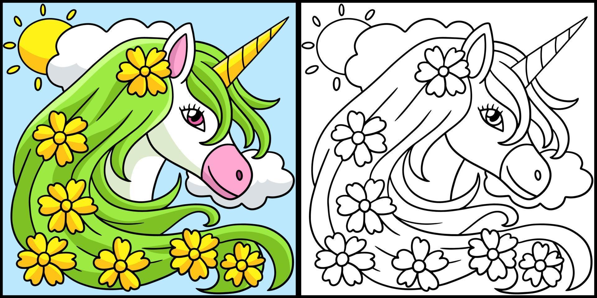 Unicorn Flower Coloring Page for Kids vector