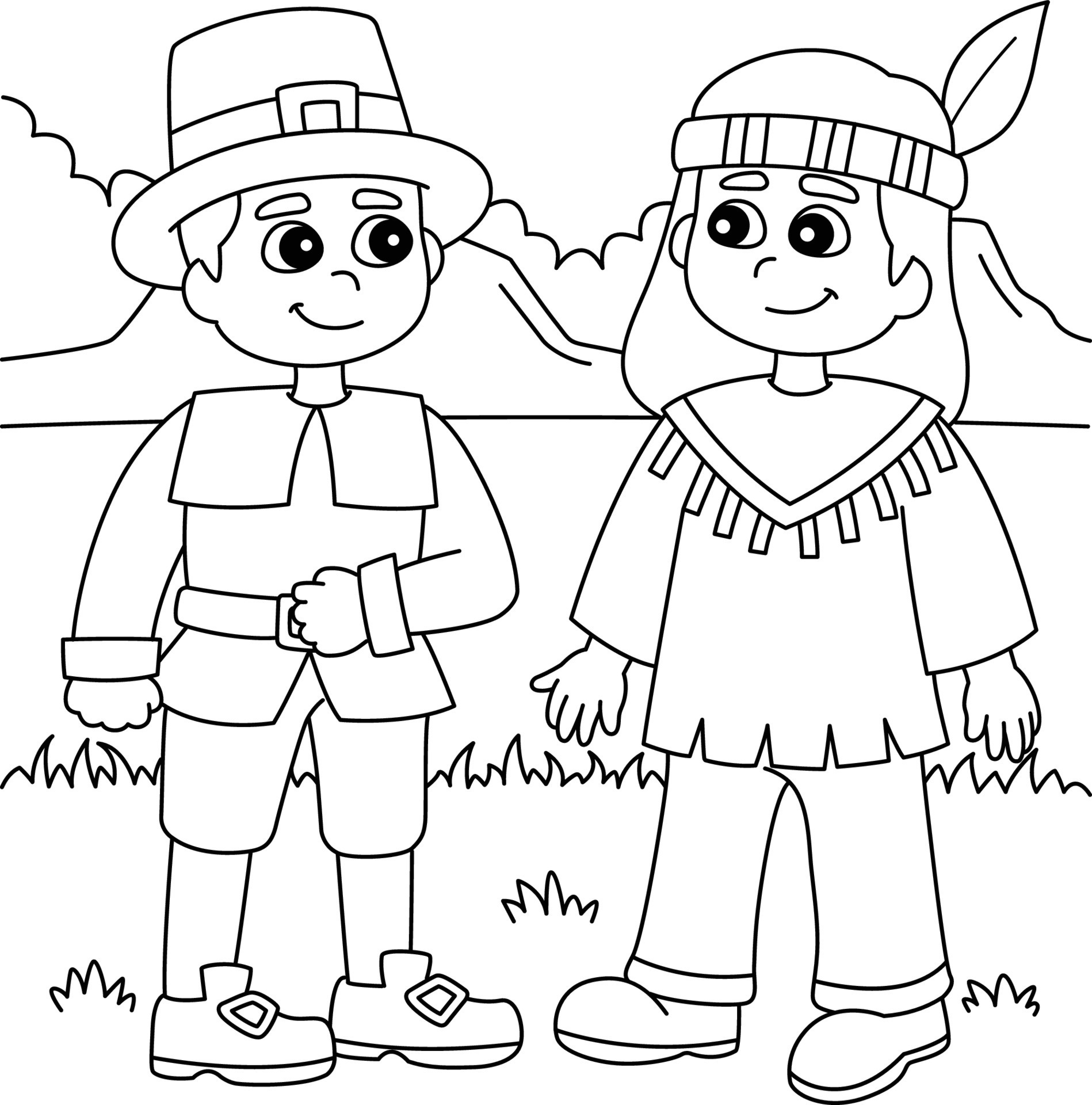 Kids Pilgrim Native American Coloring Page Clip Art Library | Images