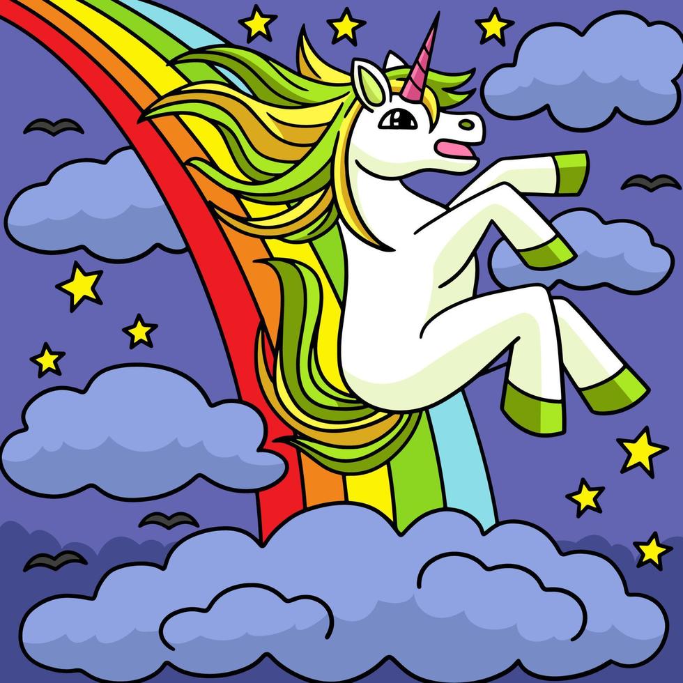 unicornio deslizándose sobre la ilustración del arco iris vector